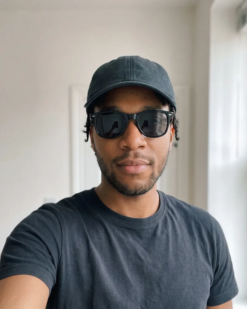 The same man wearing a dark cap and black sunglasses that hide his eyes.