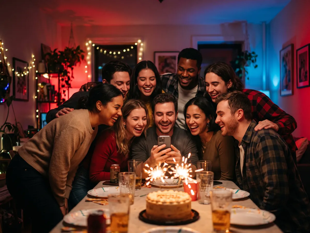 About ten friends at a night-time apartment party crowd around one phone, laughing, with a cake and two lit sparklers on the table.