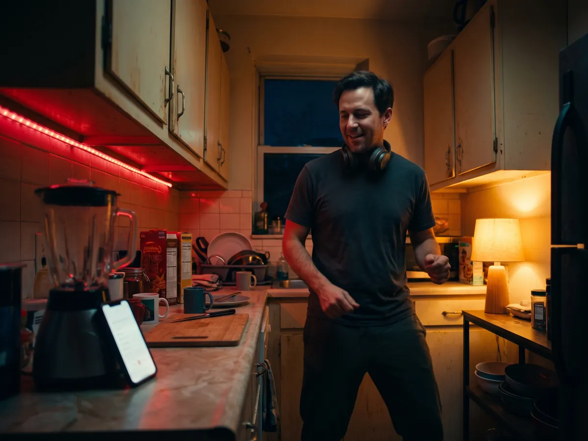 A man with headphones around his neck dancing in a small kitchen at night, a phone propped on the counter.