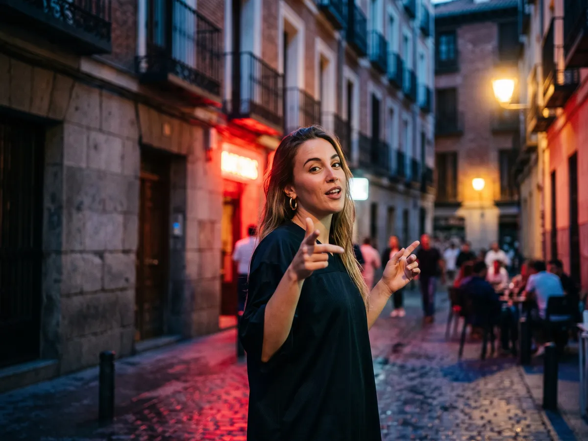 A young woman with long light-brown hair and gold hoop earrings points both index fingers at the camera on a cobbled street at night, red neon and amber lamps behind her.