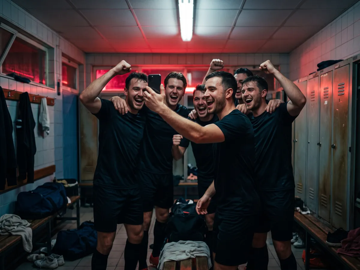 Six amateur footballers in plain black kits cheer with raised fists in a tiled locker room while one of them holds up a phone.